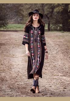 Bohemia Embroidery V Neck Long Sleeve Side Split Maxi Beach Dress