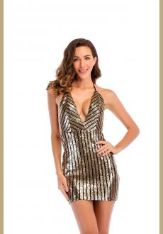 Sequins Halter V Neck Backless Striped Gold Club Dress