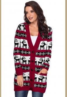 Red Elk Printed Long Sleeves Knitting Mid-length Christmas Cardigan