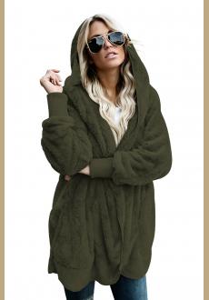 Green Soft Fleece Hooded Open Front Coat