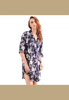 Summer Ice Silk Mid Length Floral Cardigan Nightgown Womens 